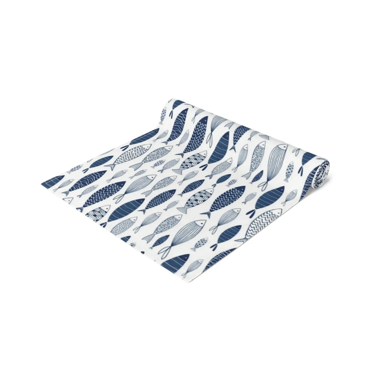 Blue Fish Coastal Table Runner – Nautical Dining Decor featuring a hand-illustrated pattern of swimming fish.