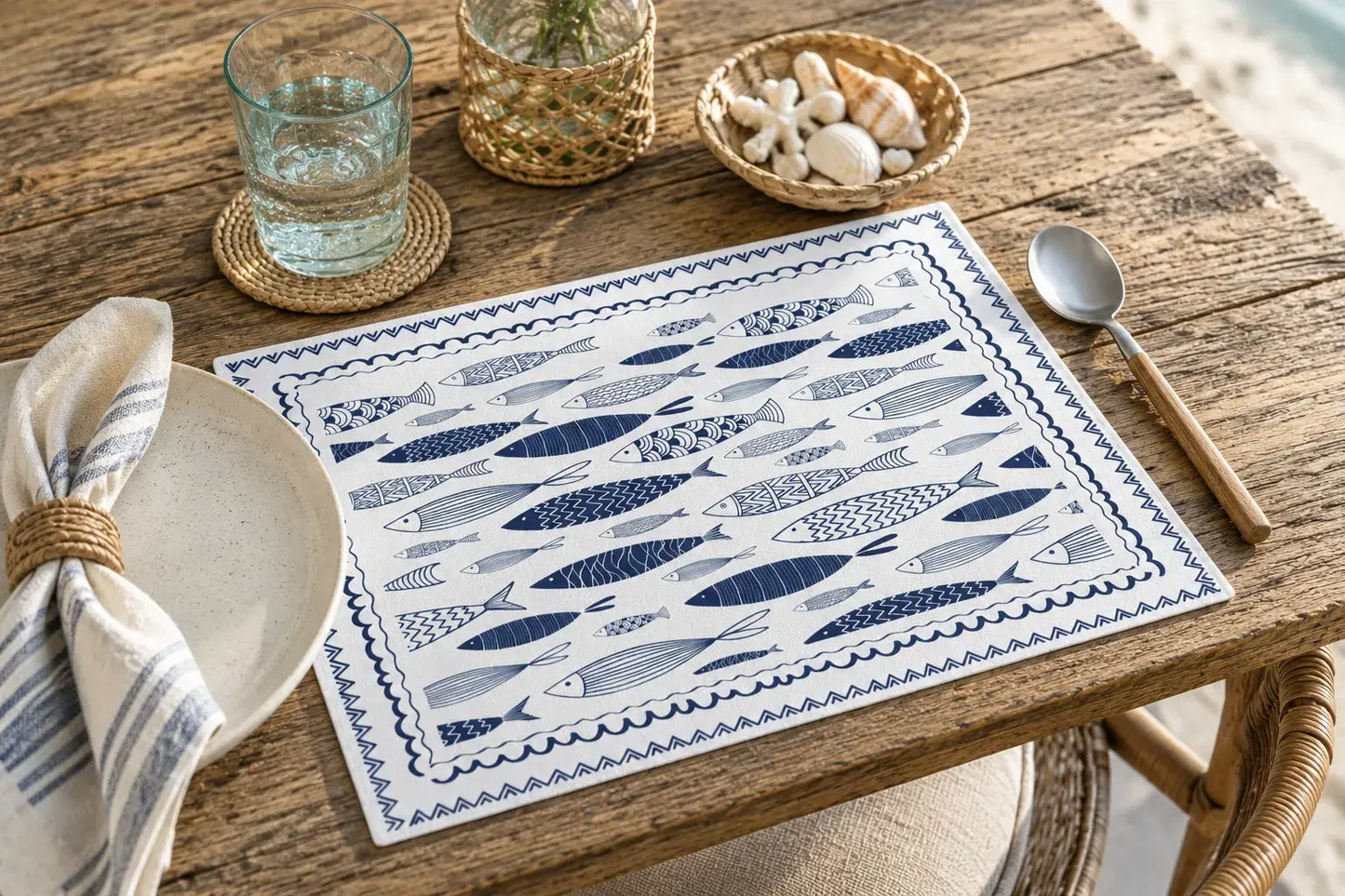 Blue Fish Cotton Placemats featuring hand-drawn fish designs on a rustic wooden table setting.
