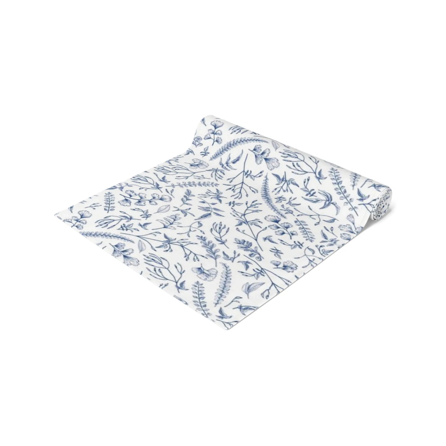 Blue Herb Botanical Table Runner featuring a delicate watercolor pattern of blue herbs and leafy stems.