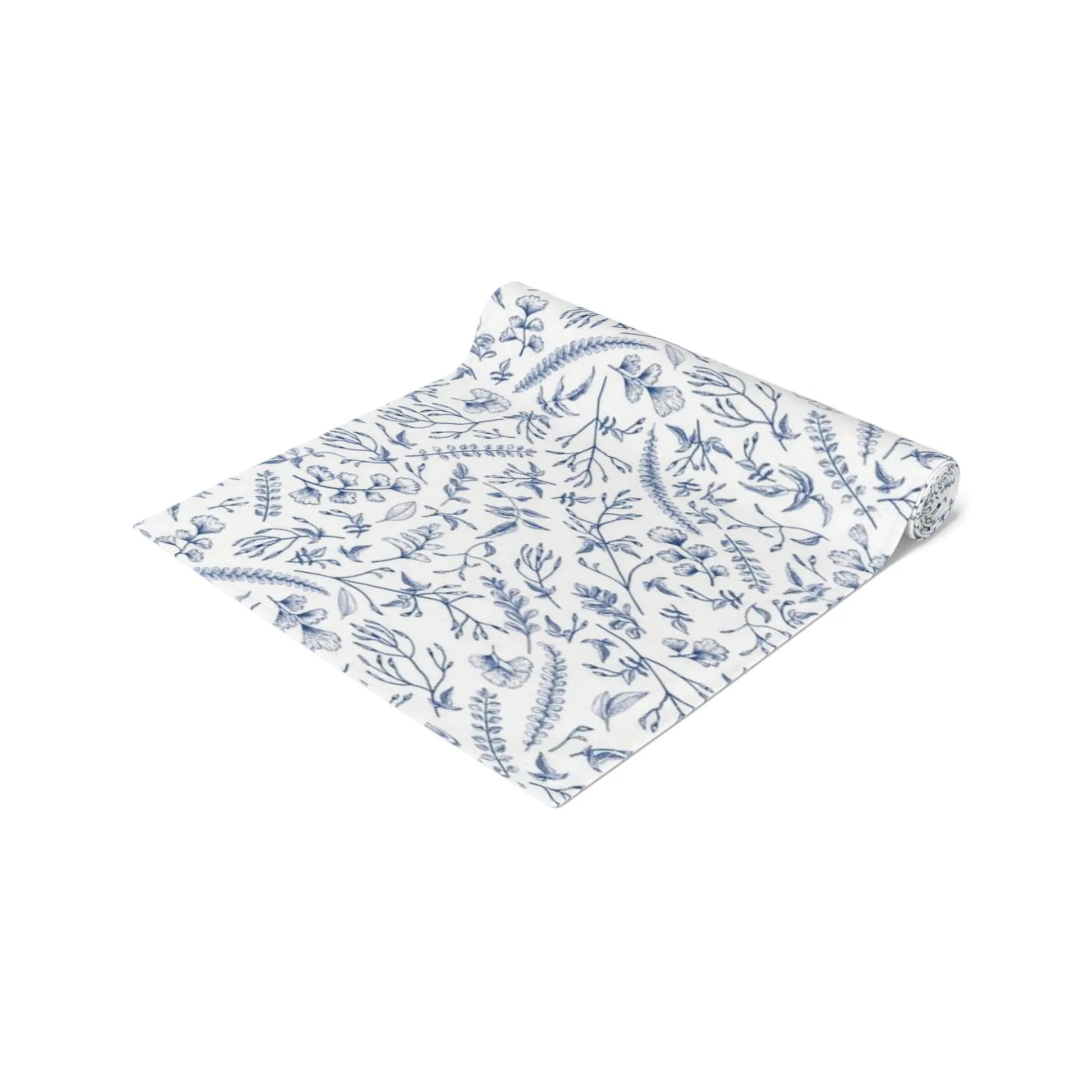 Blue Herb Botanical Table Runner featuring a delicate watercolor pattern of blue herbs and leafy stems.