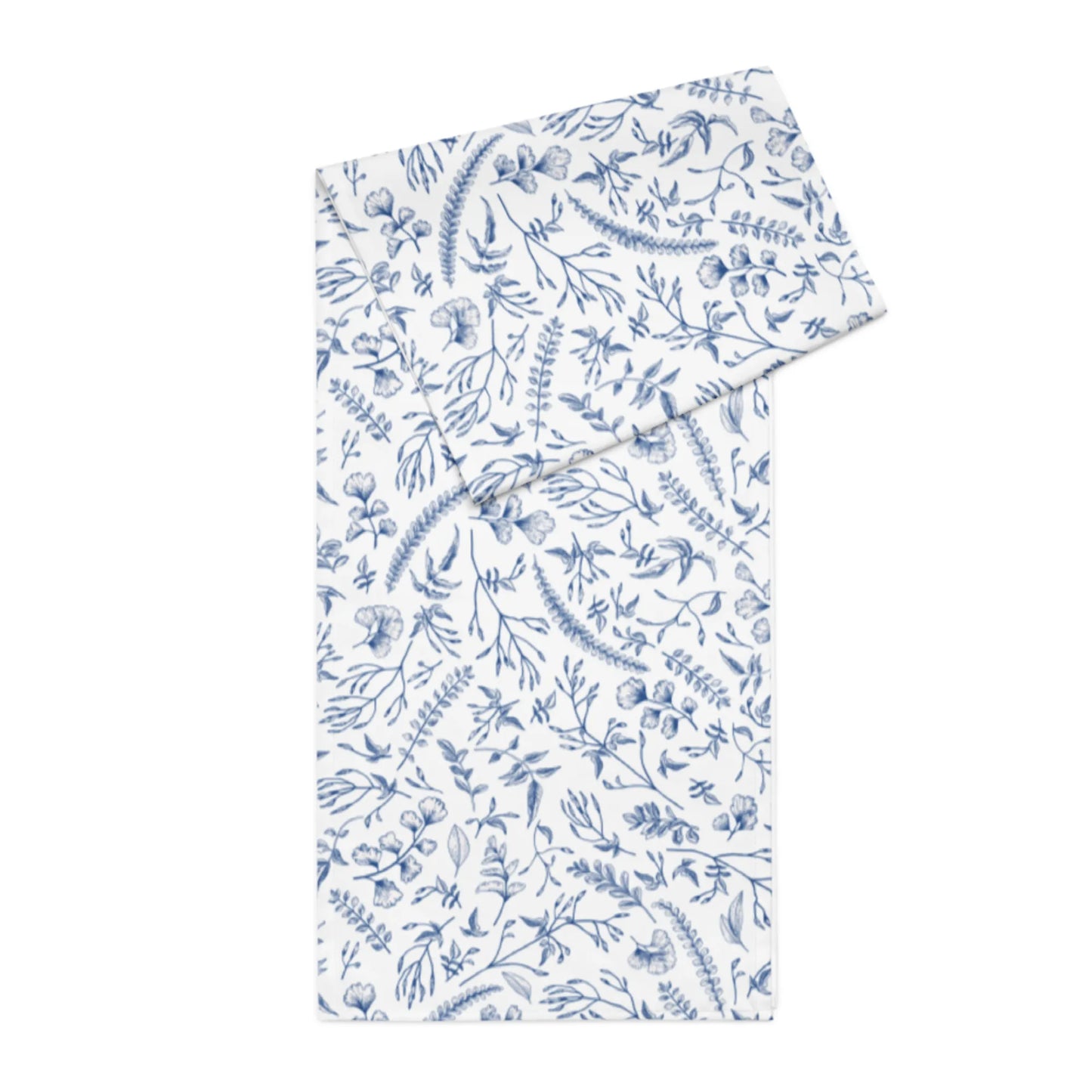 Blue Herb Botanical Table Runner featuring a watercolor-style blue herb and leafy design.