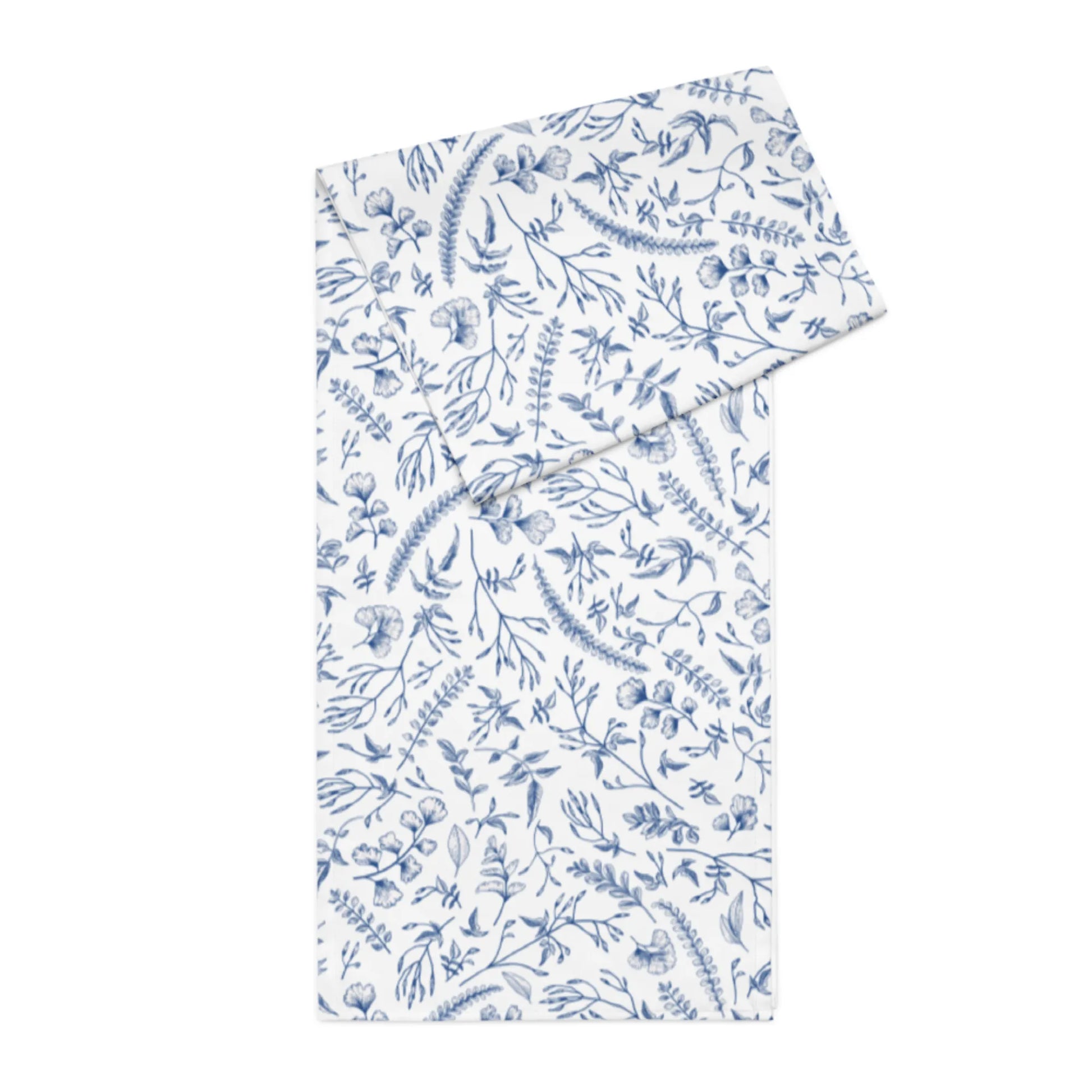 Blue Herb Botanical Table Runner featuring a watercolor-style blue herb and leafy design.