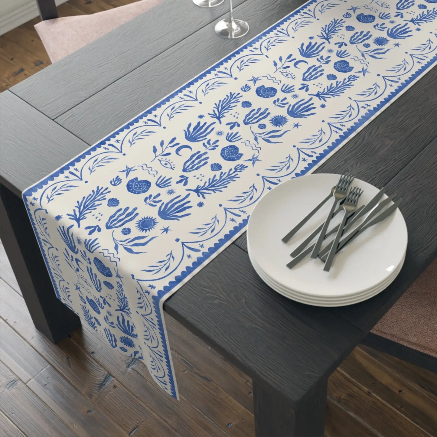 Blue Mediterranean TABLE RUNNER on black wood dining table beach house decor
