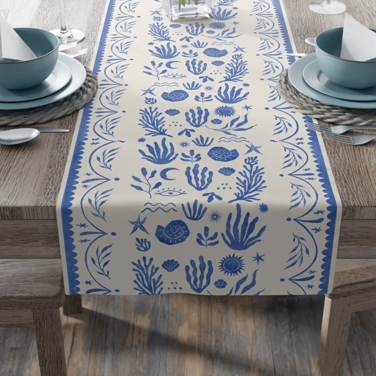 Blue Mediterranean TABLE RUNNER for beach house dining setting