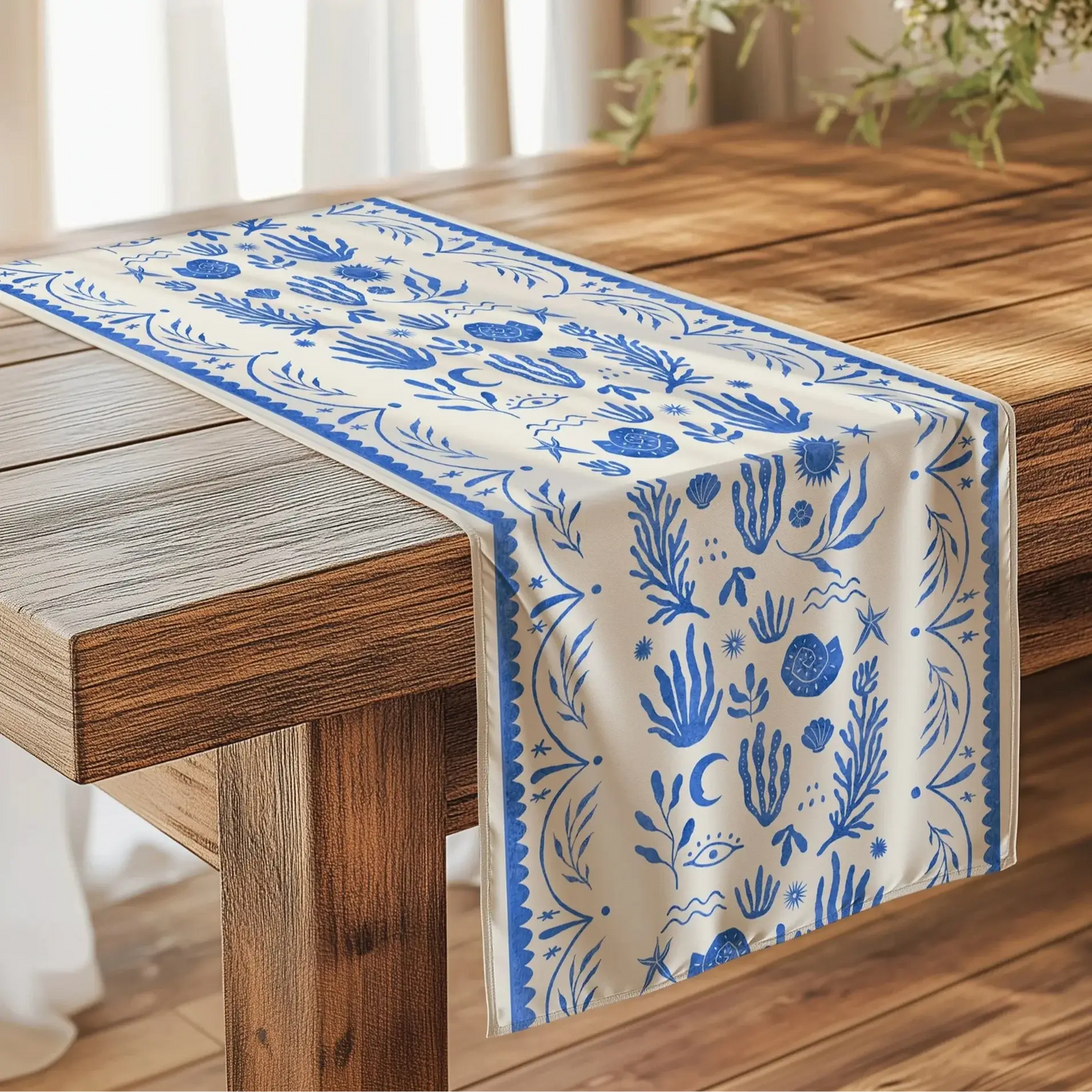 Blue Mediterranean TABLE RUNNER on rustic dining table