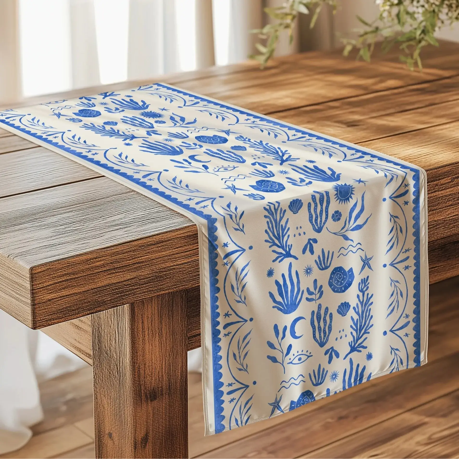 Blue Mediterranean TABLE RUNNER on rustic dining table