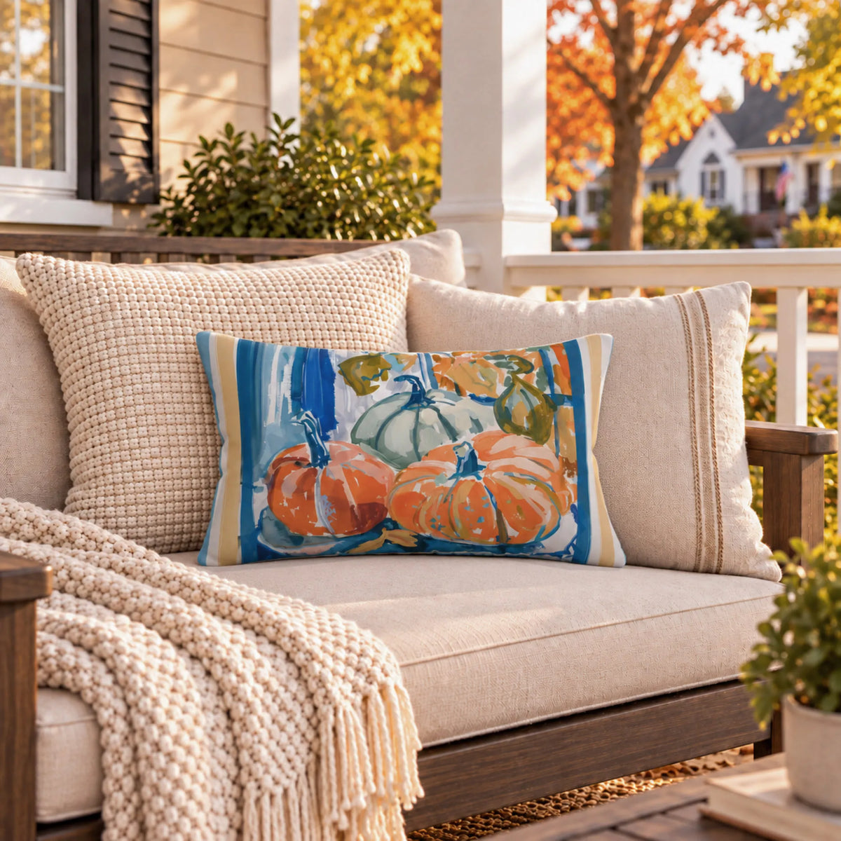 Blue and Orange Pumpkin OUTDOOR PILLOW | AUTUMN26PLW18 on a cozy porch with decorative throw pillows and fall foliage.