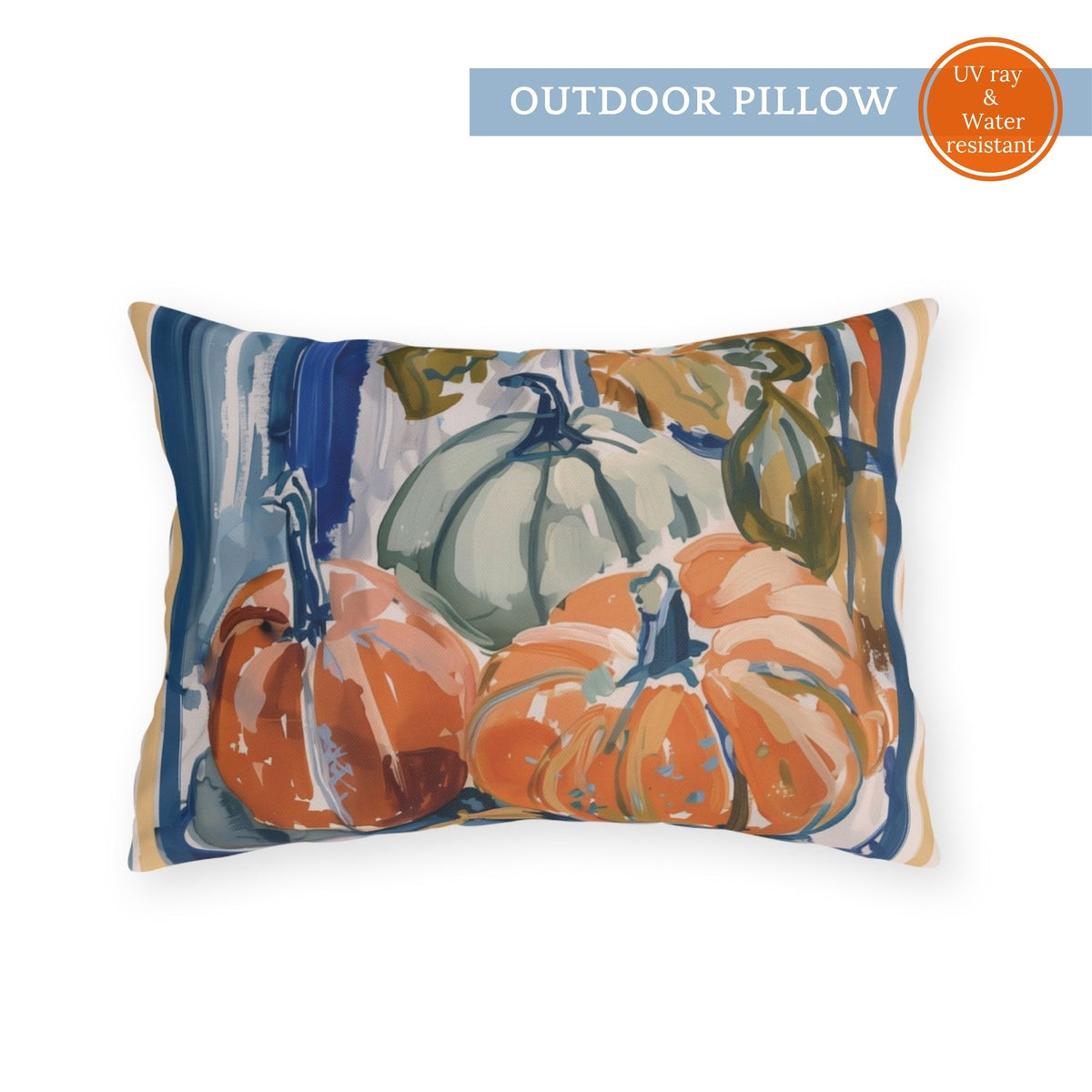Blue and Orange Pumpkin OUTDOOR PILLOW | AUTUMN26PLW18 with watercolor pumpkins, UV ray and water resistant material.