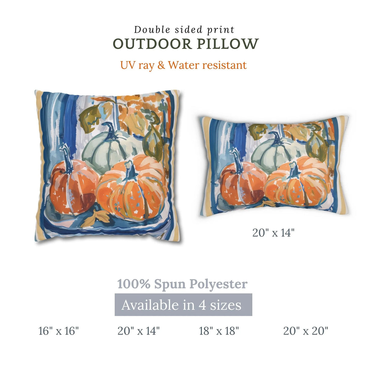 Blue and Orange Pumpkin OUTDOOR PILLOW | AUTUMN26PLW18 with double-sided print, UV ray and water resistance, 100% spun polyester.