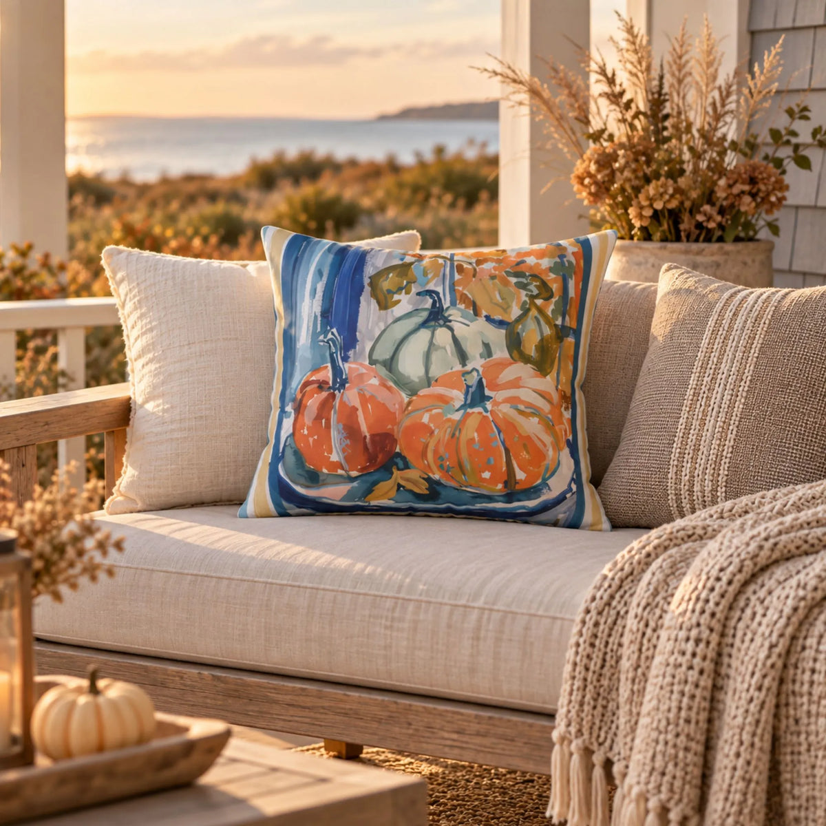 Blue and Orange Pumpkin OUTDOOR PILLOW | AUTUMN26PLW18 on a cozy outdoor sofa with a scenic background.