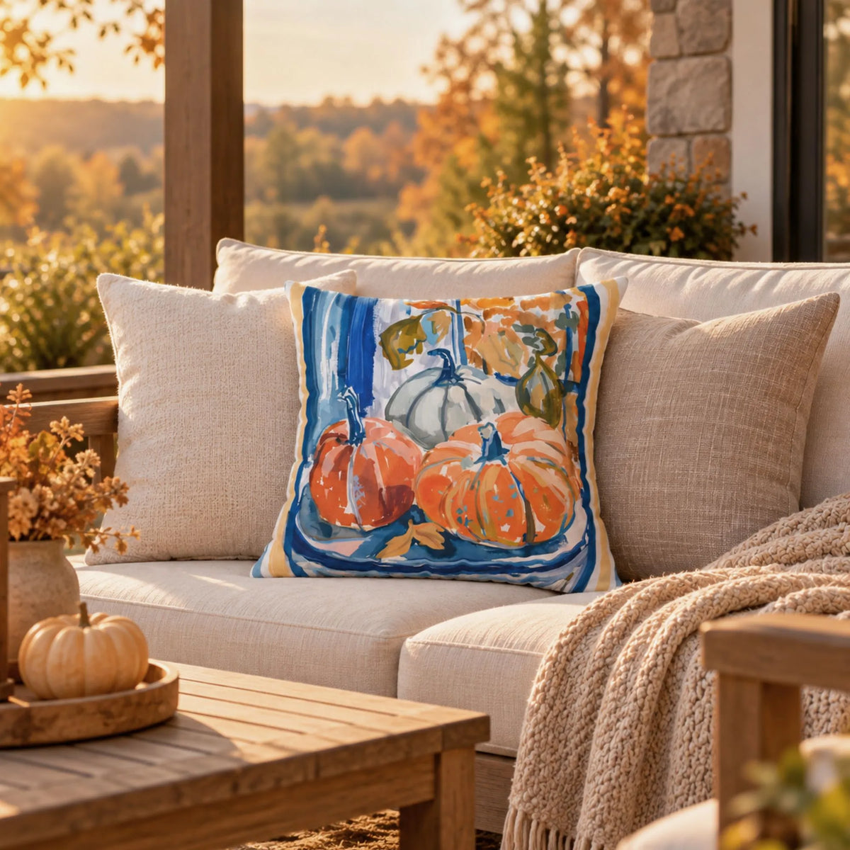 Blue and Orange Pumpkin OUTDOOR PILLOW | AUTUMN26PLW18 on a cozy outdoor sofa with fall decor.