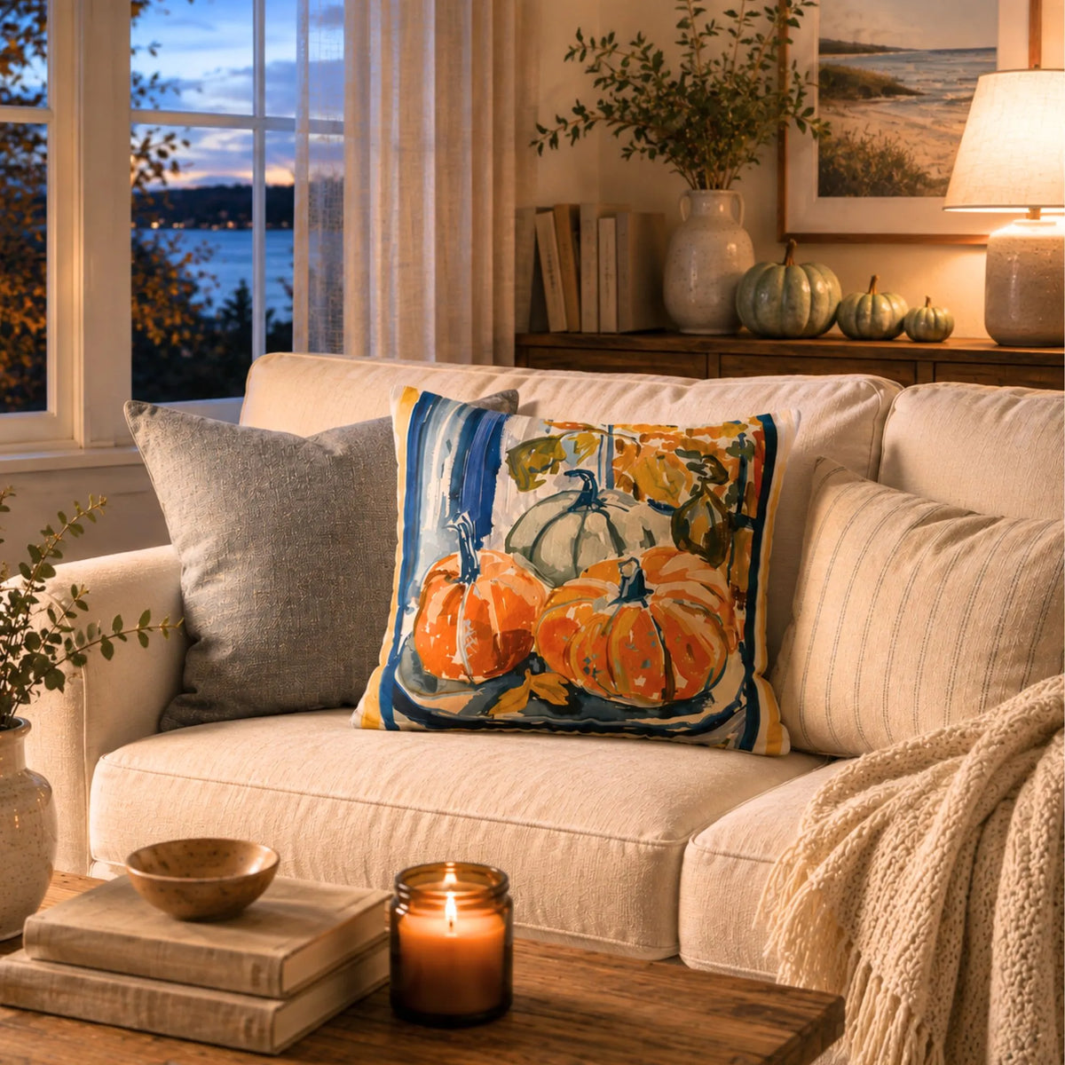 Blue and Orange Pumpkin Pillow and Cover, Coastal Fall Decor on a cozy sofa with warm autumn accents.