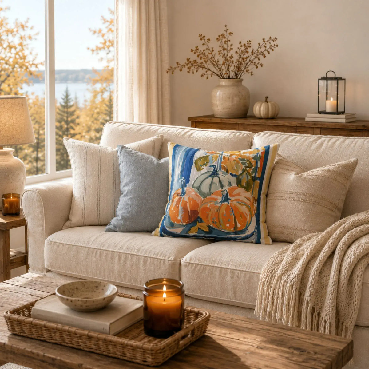 Blue and Orange Pumpkin Pillow and Cover, Coastal Fall Decor on a cozy sofa with fall decor accents.