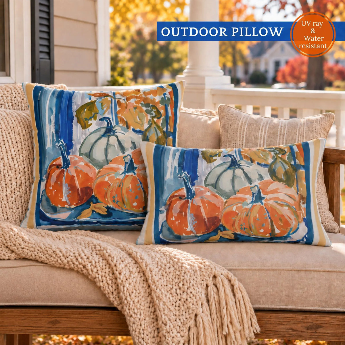 Blue and Orange Pumpkin OUTDOOR PILLOW | AUTUMN26PLW18 with watercolor pumpkins, UV ray and water-resistant fabric.