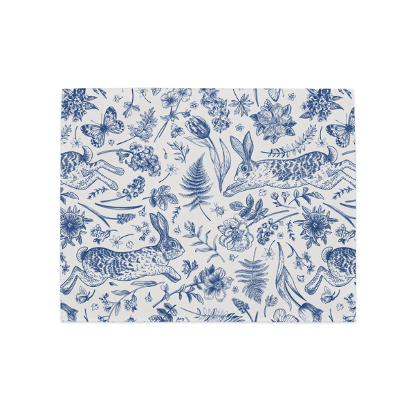 Blue Toile Bunny Placemats featuring blue and white woodland rabbits and floral illustrations.