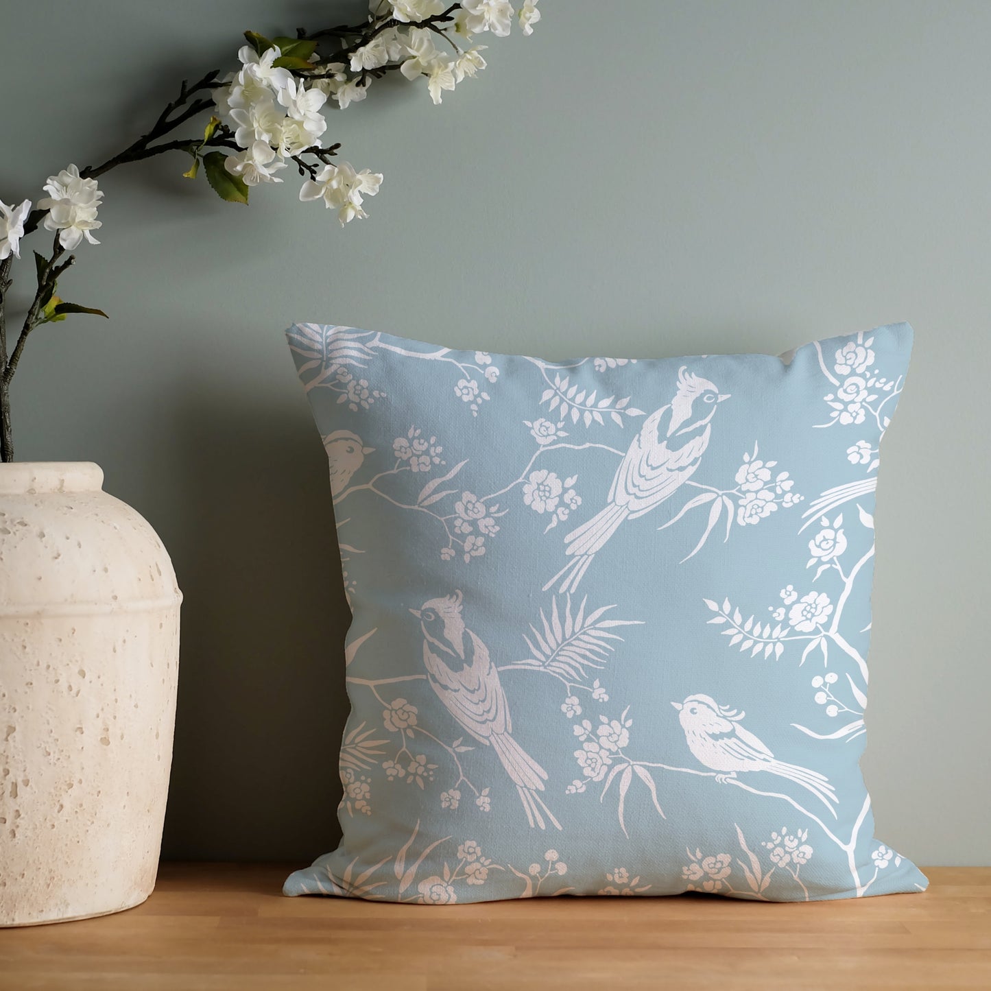 Oiseaux bleus et fleurs OREILLER ET HOUSSE - DÉCOR PRINTEMPS ORIENTAL