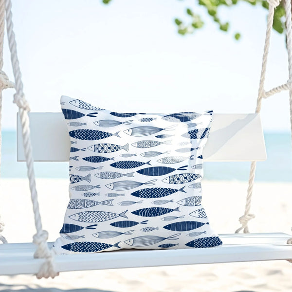 garden porch outdoor cushion from Blue Water Songs sitting on the swing with beach on the background