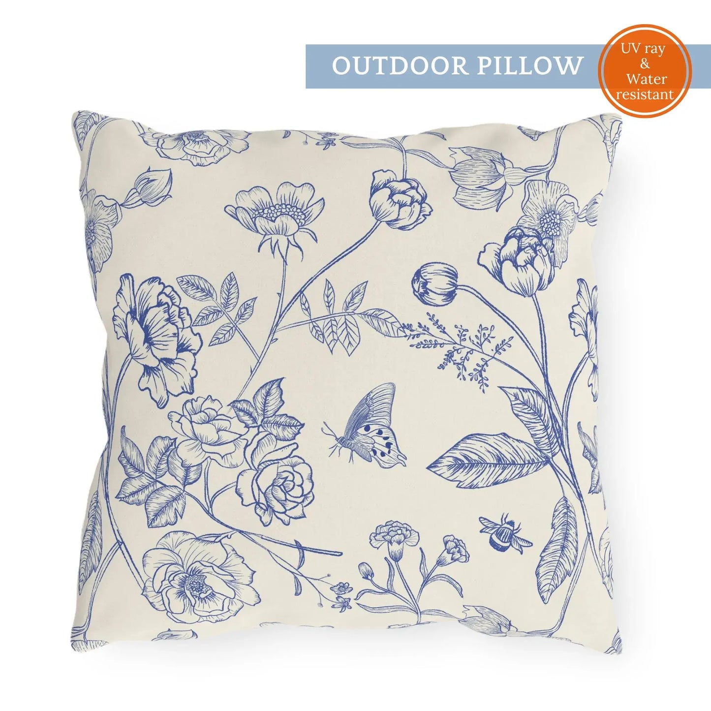 Blue floral outdoor pillow with vintage botanical sketch of flowers, butterfly, and bee on cream background — UV and water resistant nature-inspired decor