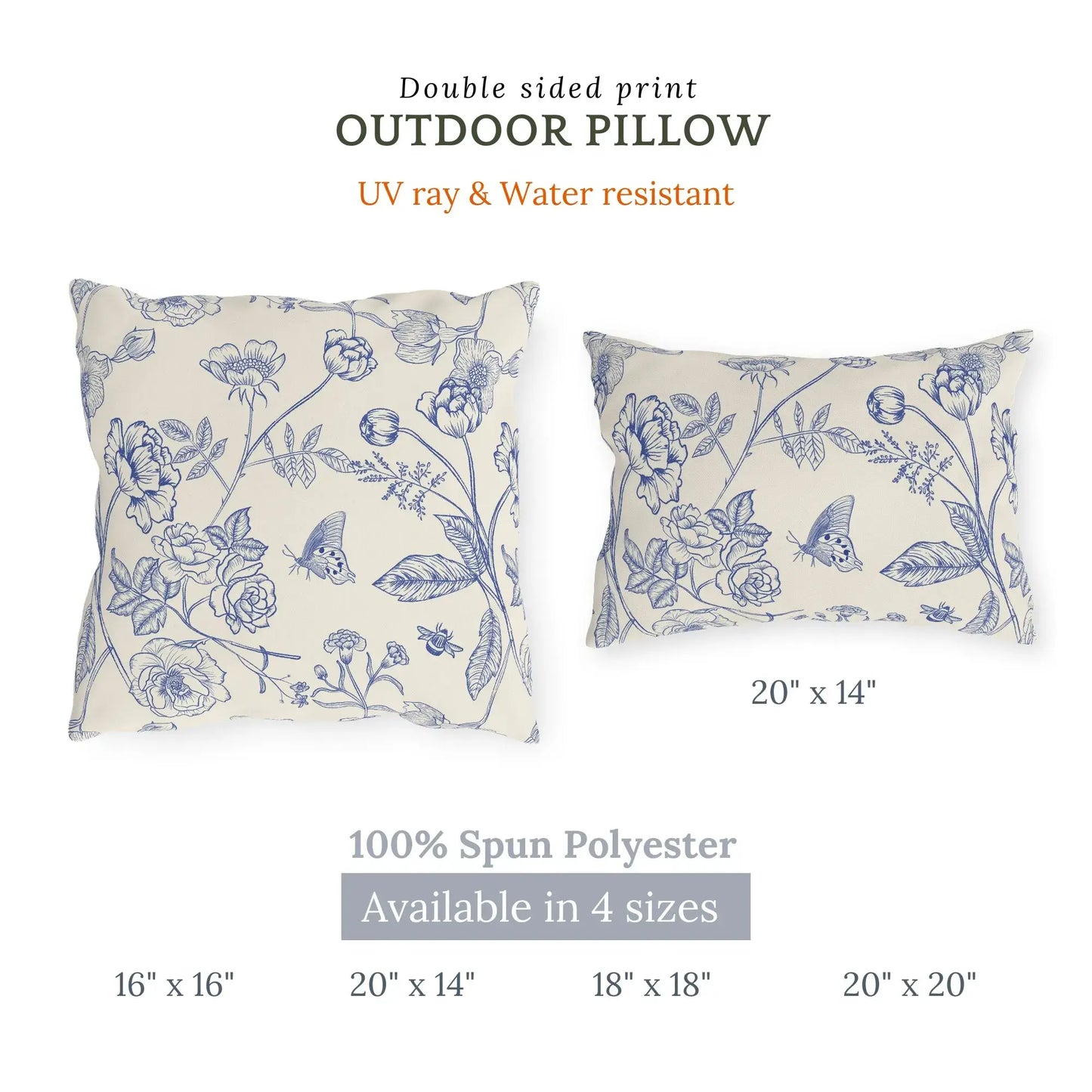 Double-sided outdoor pillow with blue botanical line art on cream background — available in four sizes, UV ray and water resistant