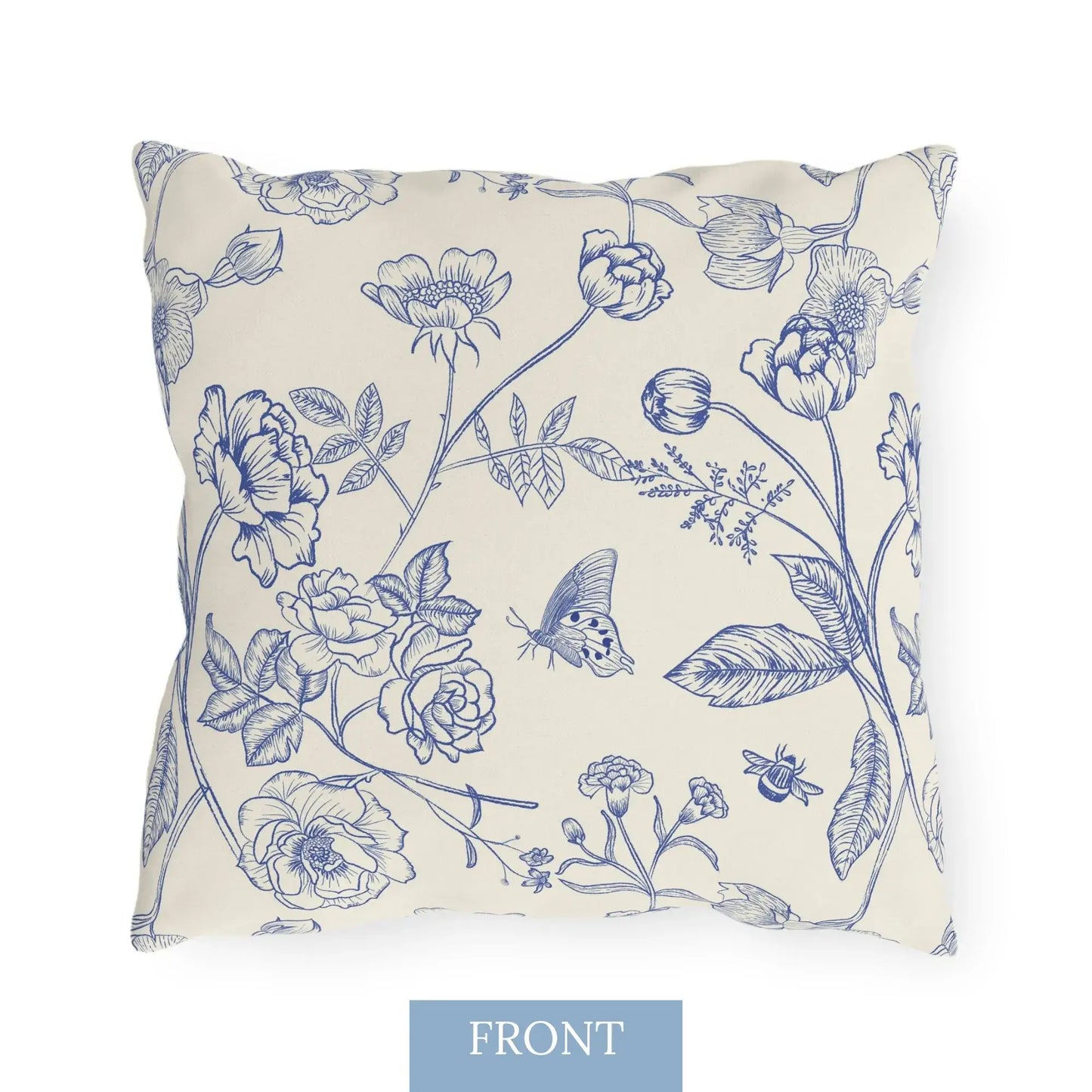 Front view of cream-colored outdoor pillow with elegant blue floral and butterfly line art — UV and water resistant