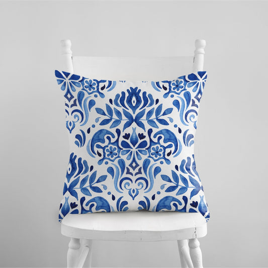 Watercolor Blue and White Floral Tile Pattern PILLOW & COVER | SUMMER DECOR