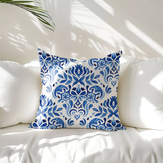 Watercolor Blue and White Floral Tile Pattern PILLOW & COVER | SUMMER DECOR