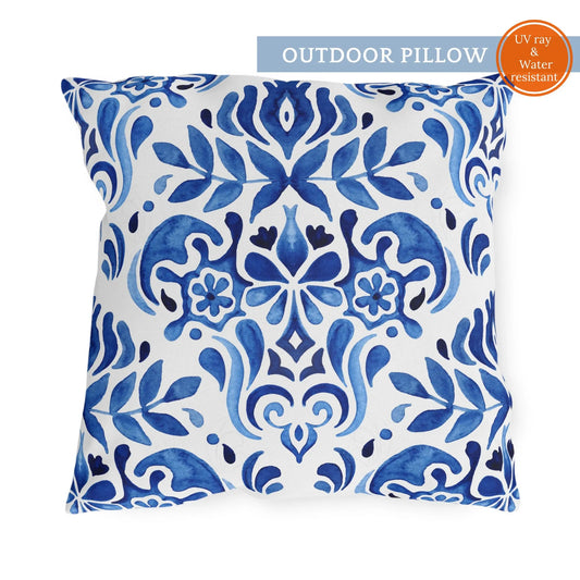 Blue Watercolor Hand-Painted Tile Pattern| Outdoor Pillow