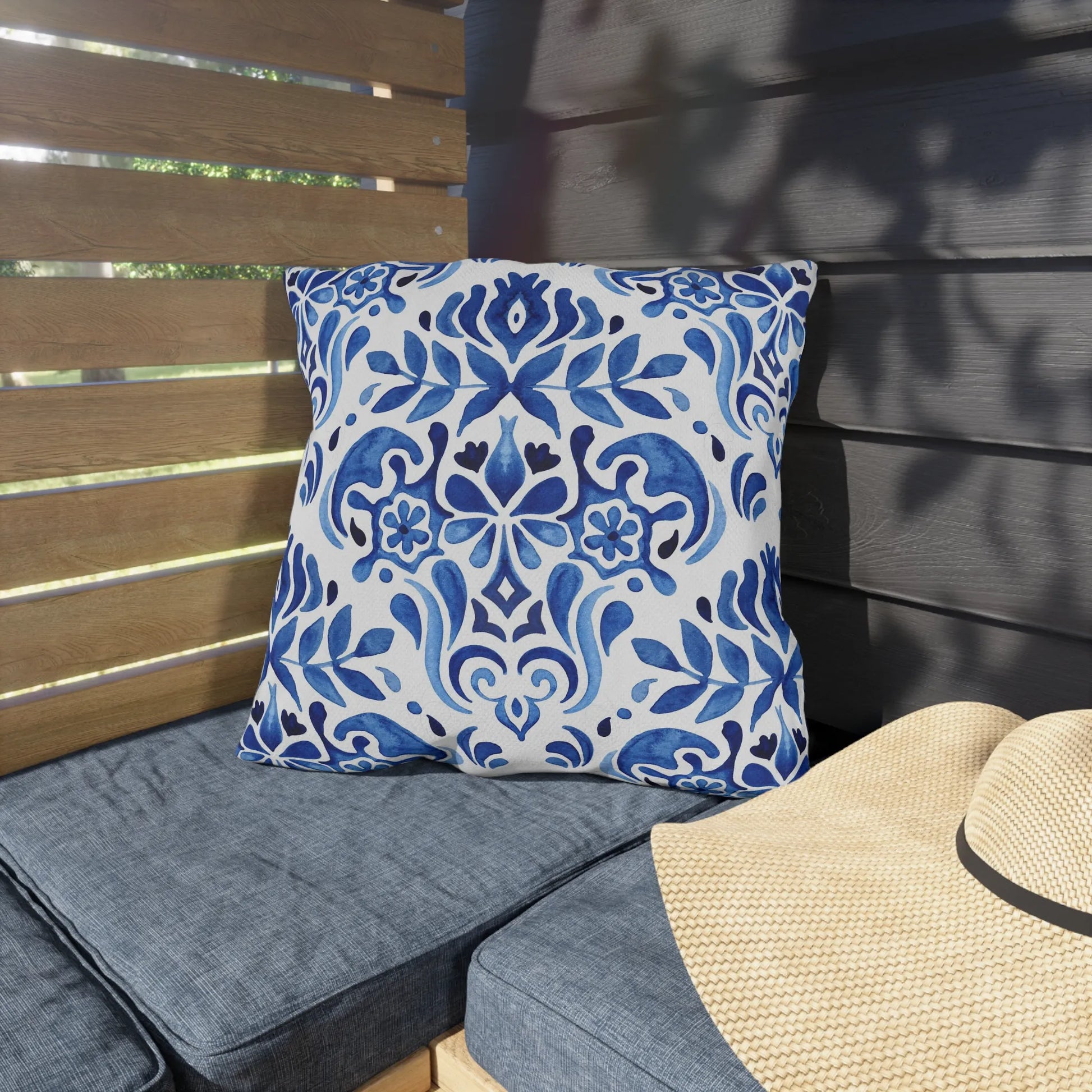 Blue Watercolor Hand-Painted Tile Pattern| OUT DOOR PILLOW from Blue Water Songs sitting on outdoor sofa