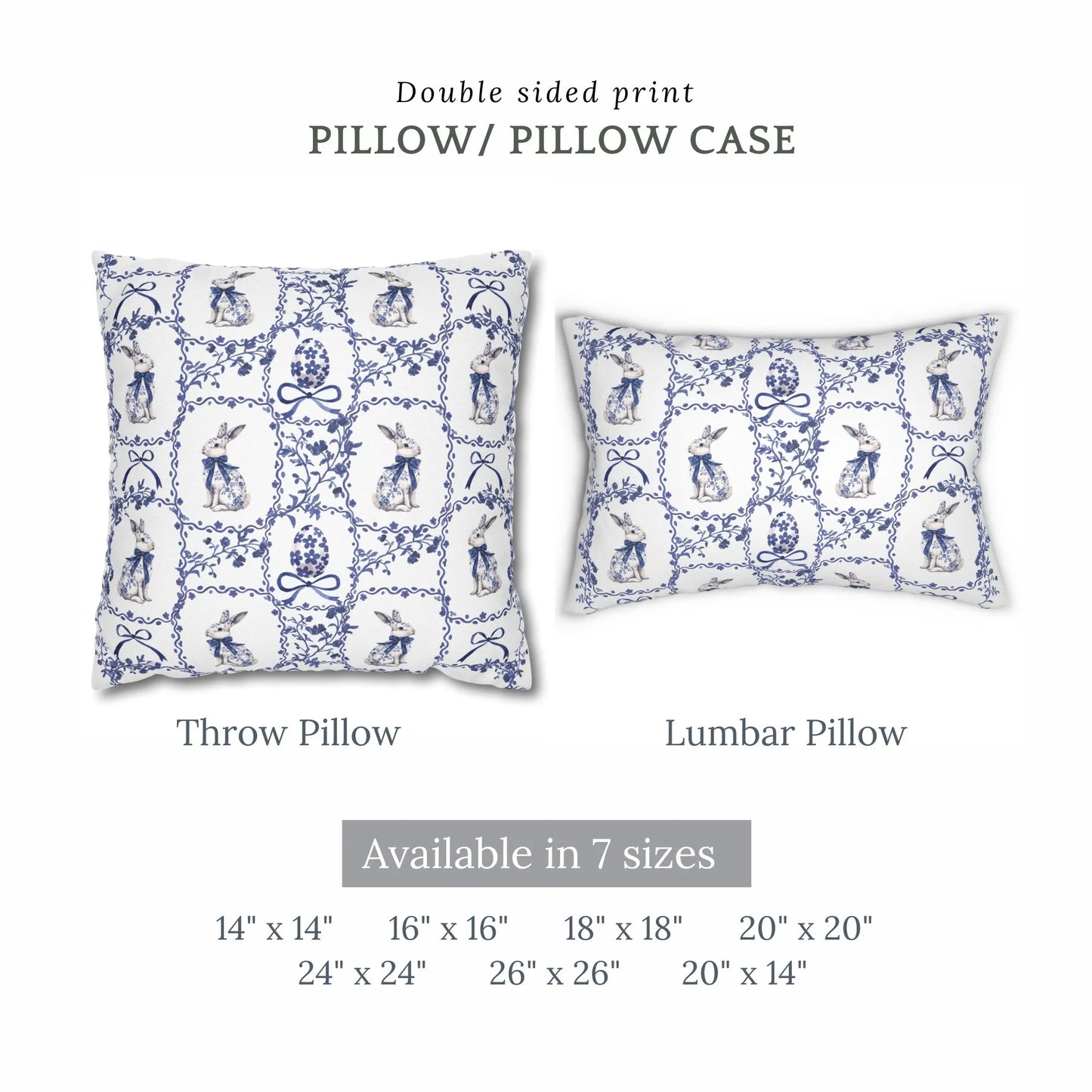 Watercolor blue Chinoiserie rabbit and Easter egg pattern available as a double-sided throw pillow and lumbar pillow in multiple sizes.