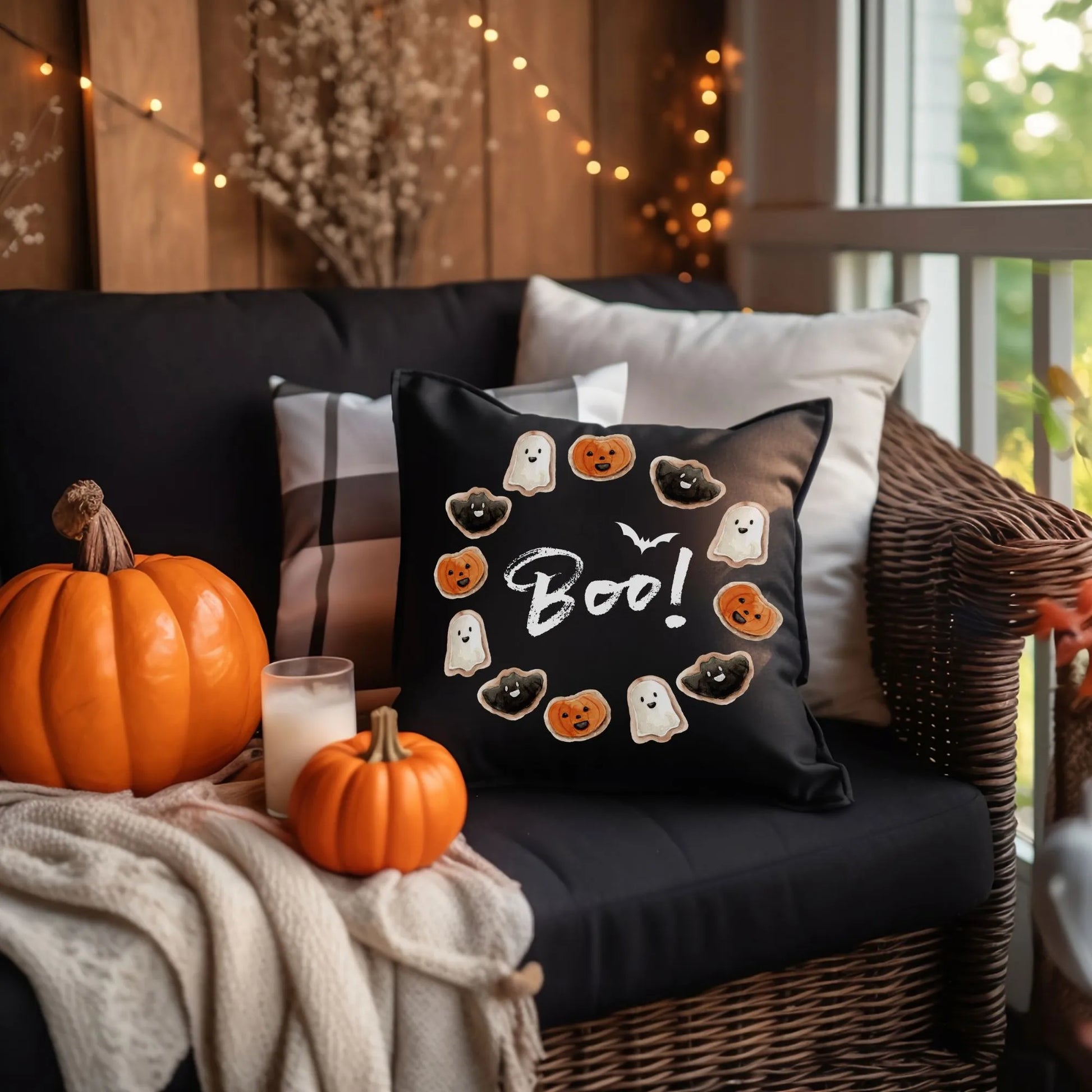 halloween living room with Cute Halloween Boo! black Pillow from Blue Water Songs on black sofa