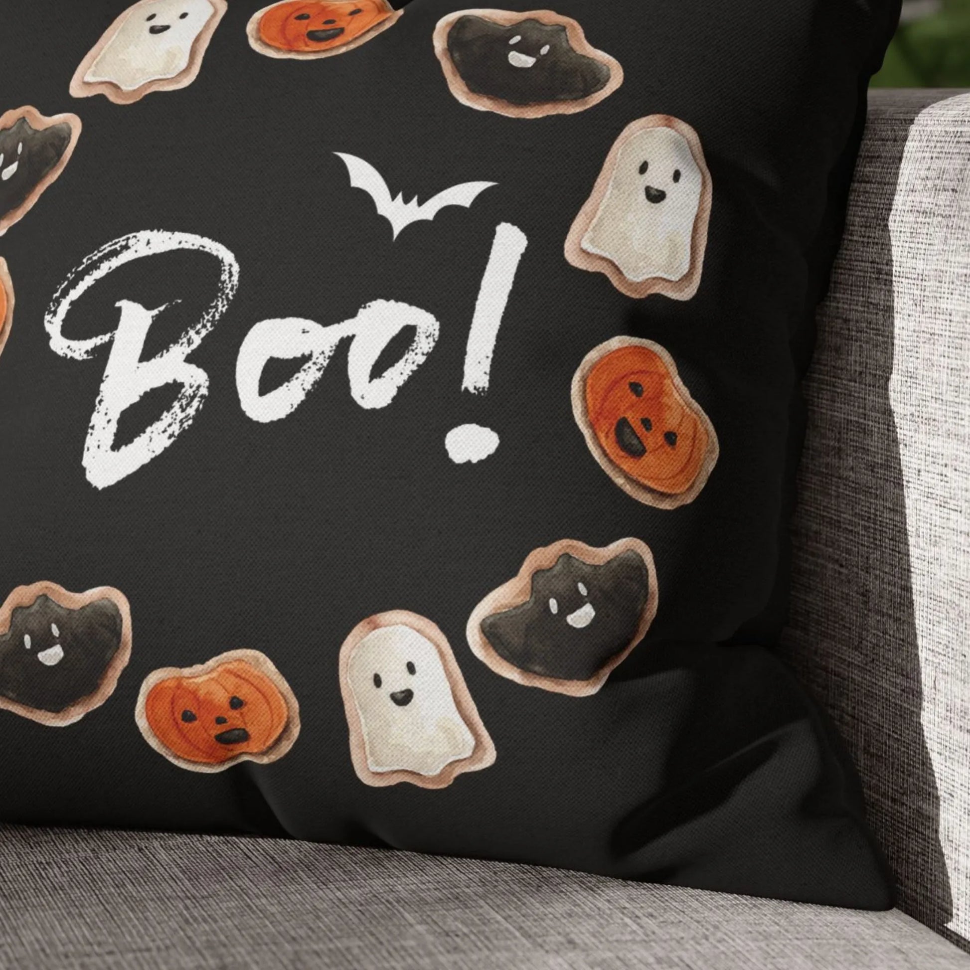 close up of Cute Halloween Boo! black Pillow from Blue Water Songs