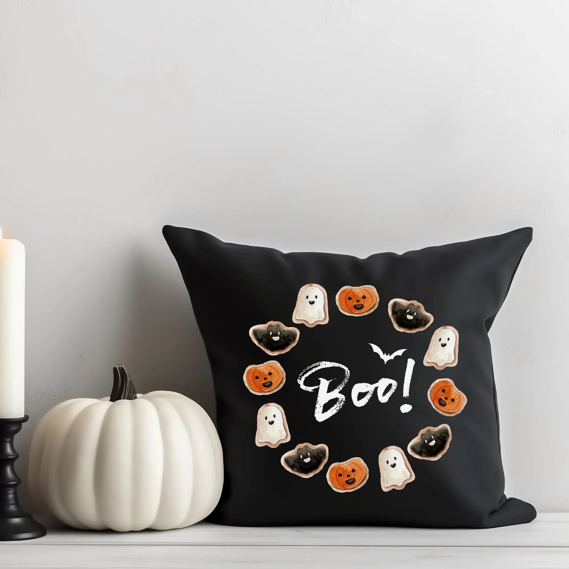 black and white halloween decor with Cute Halloween Boo! Pillow from Blue Water Songs