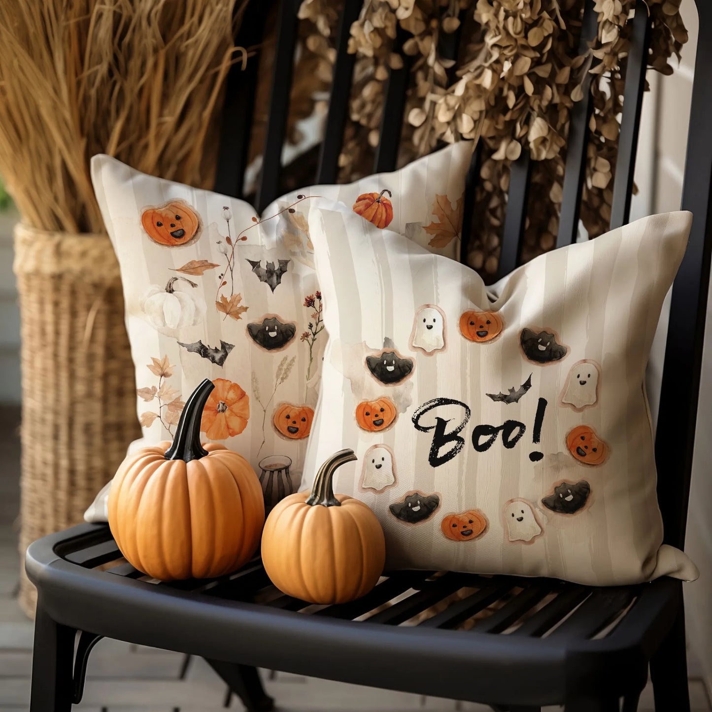 halloween decoration with pumpkins and cute Halloween pillow covers from Blue Water Songs