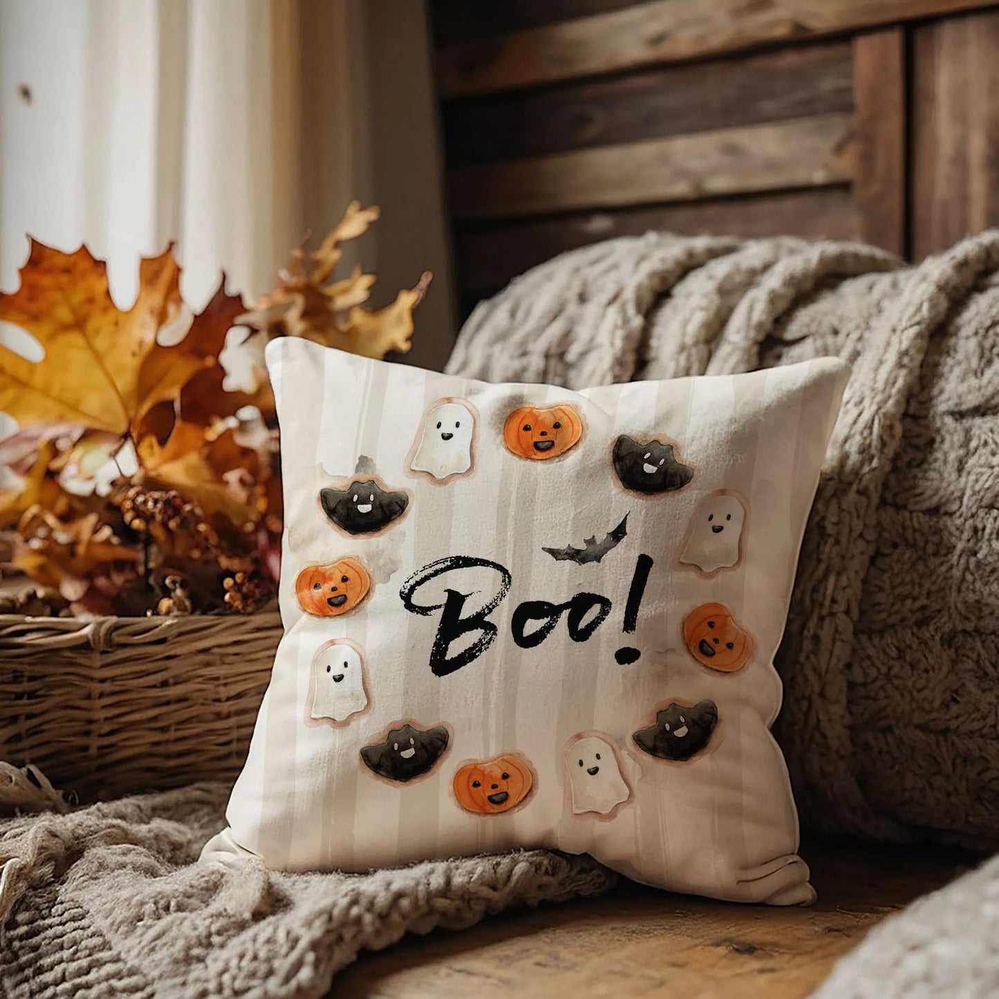 autumn vibe reading corner with cute Halloween pillow covers from Blue Water Songs