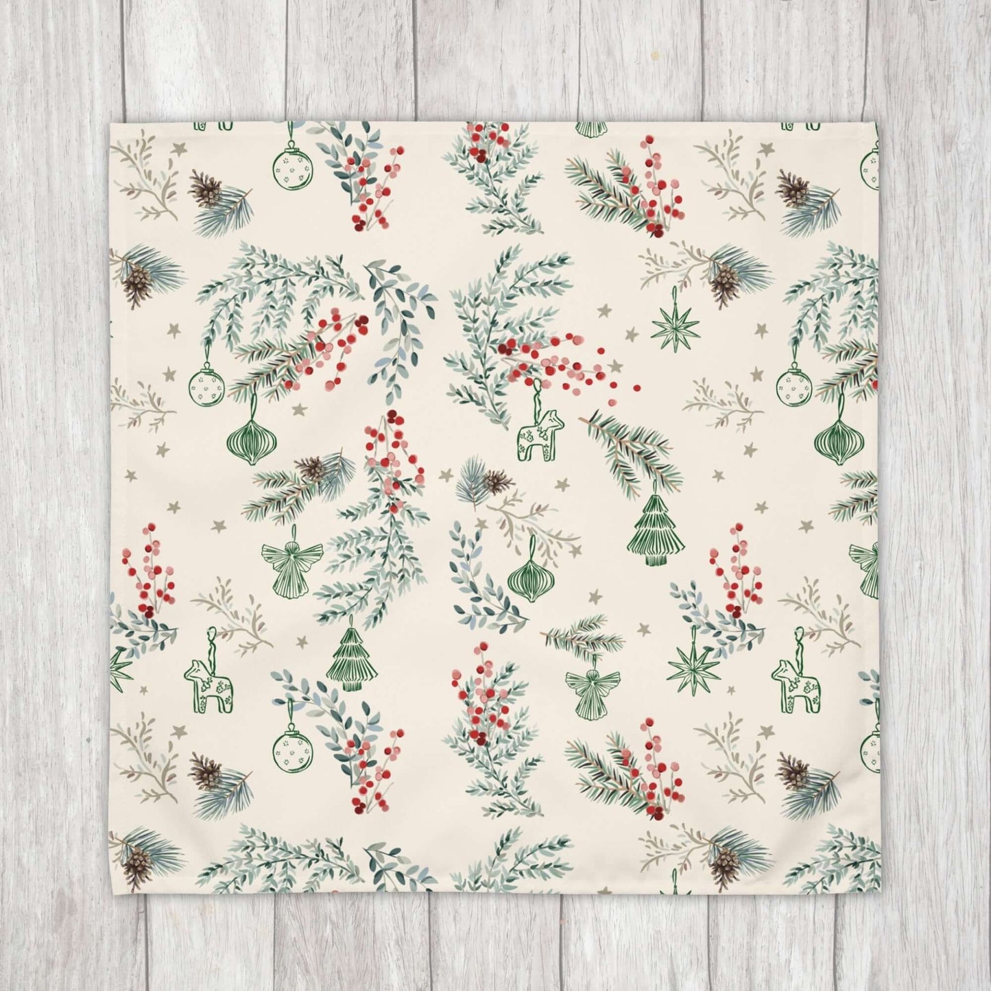 Botanical Christmas Cloth Napkins featuring pine branches and red berries on a soft background for festive decor.