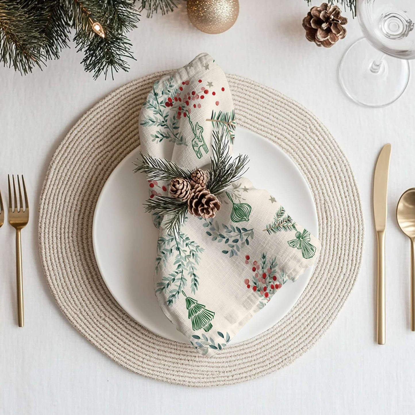 Botanical Christmas Cloth Napkins displayed on a festive table setting with pine branches and red berries.