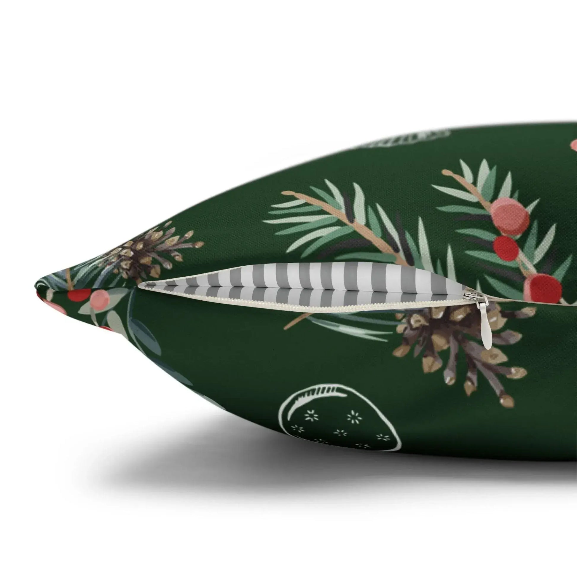 Botanical Christmas pillow cover with pine branches and berries, featuring a zipper and green background for Nordic holiday decor.