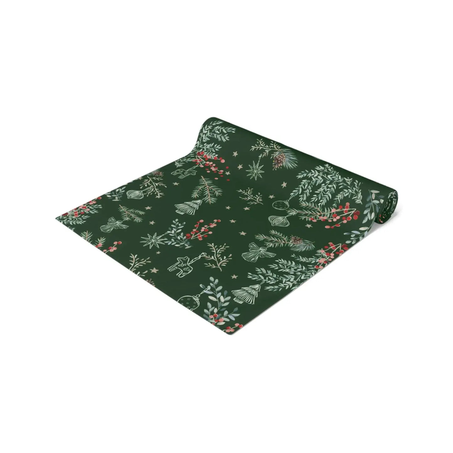 Botanical Christmas Table Runner featuring pine branches and red berries on a deep green background.