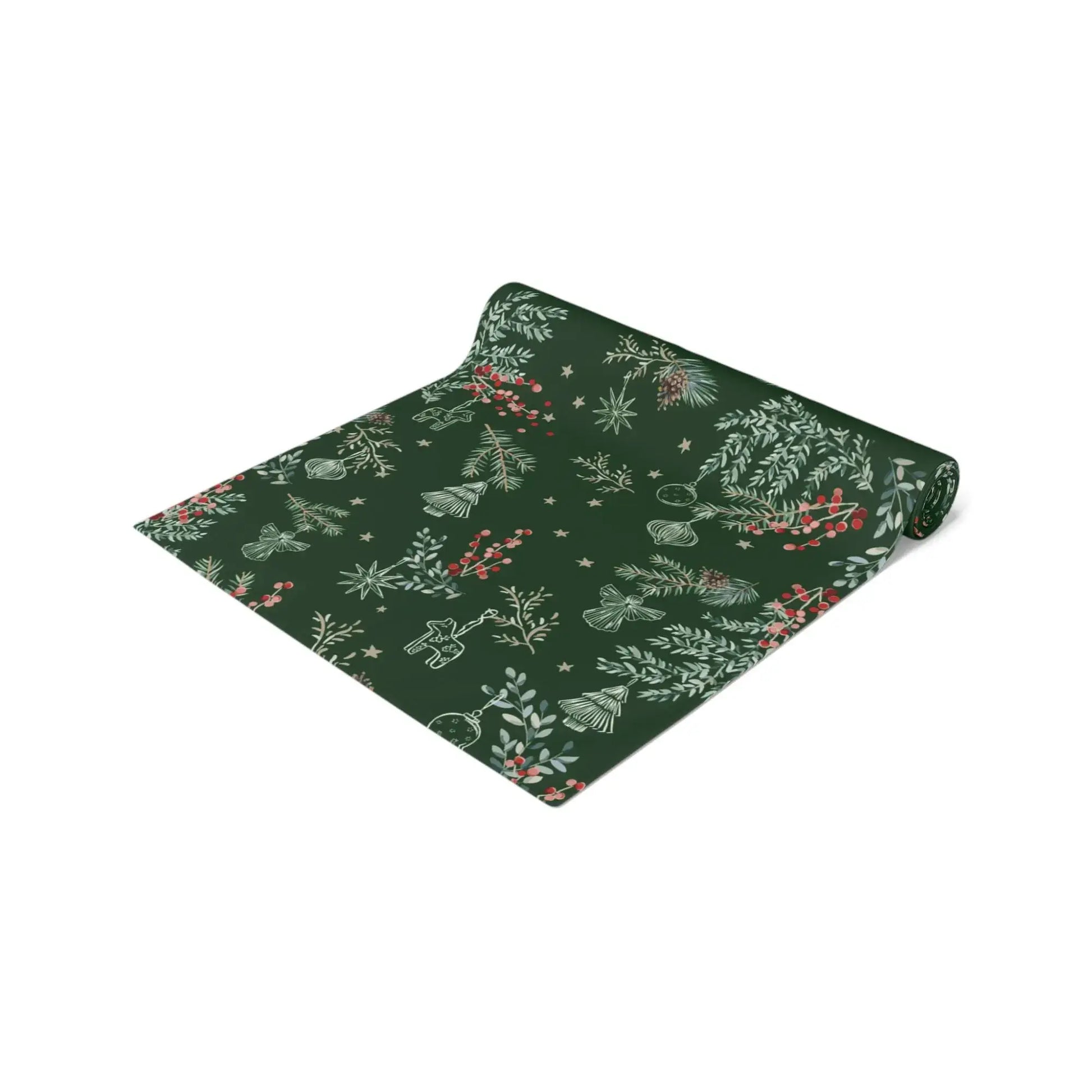 Botanical Christmas Table Runner featuring pine branches and red berries on a deep green background.
