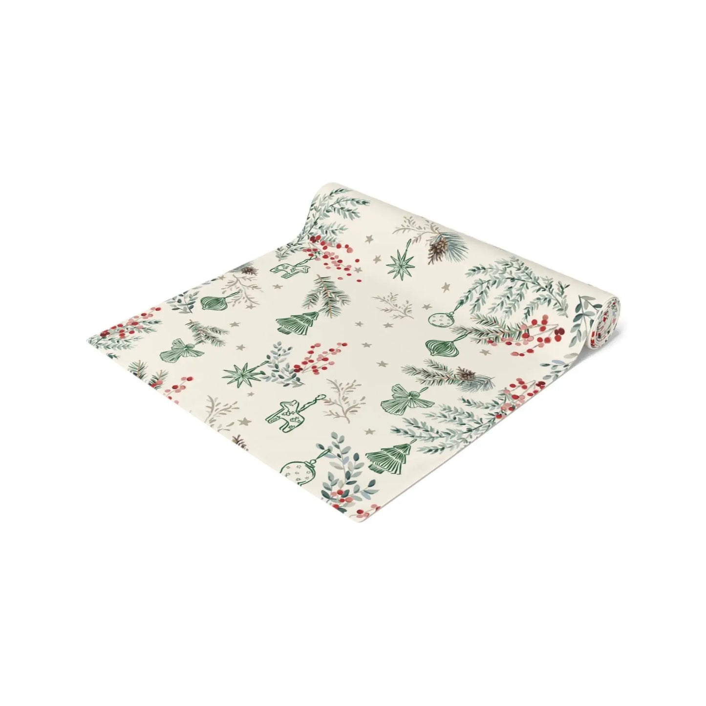Botanical Christmas Table Runner with pine branches and red berries, perfect for holiday and winter table decor.