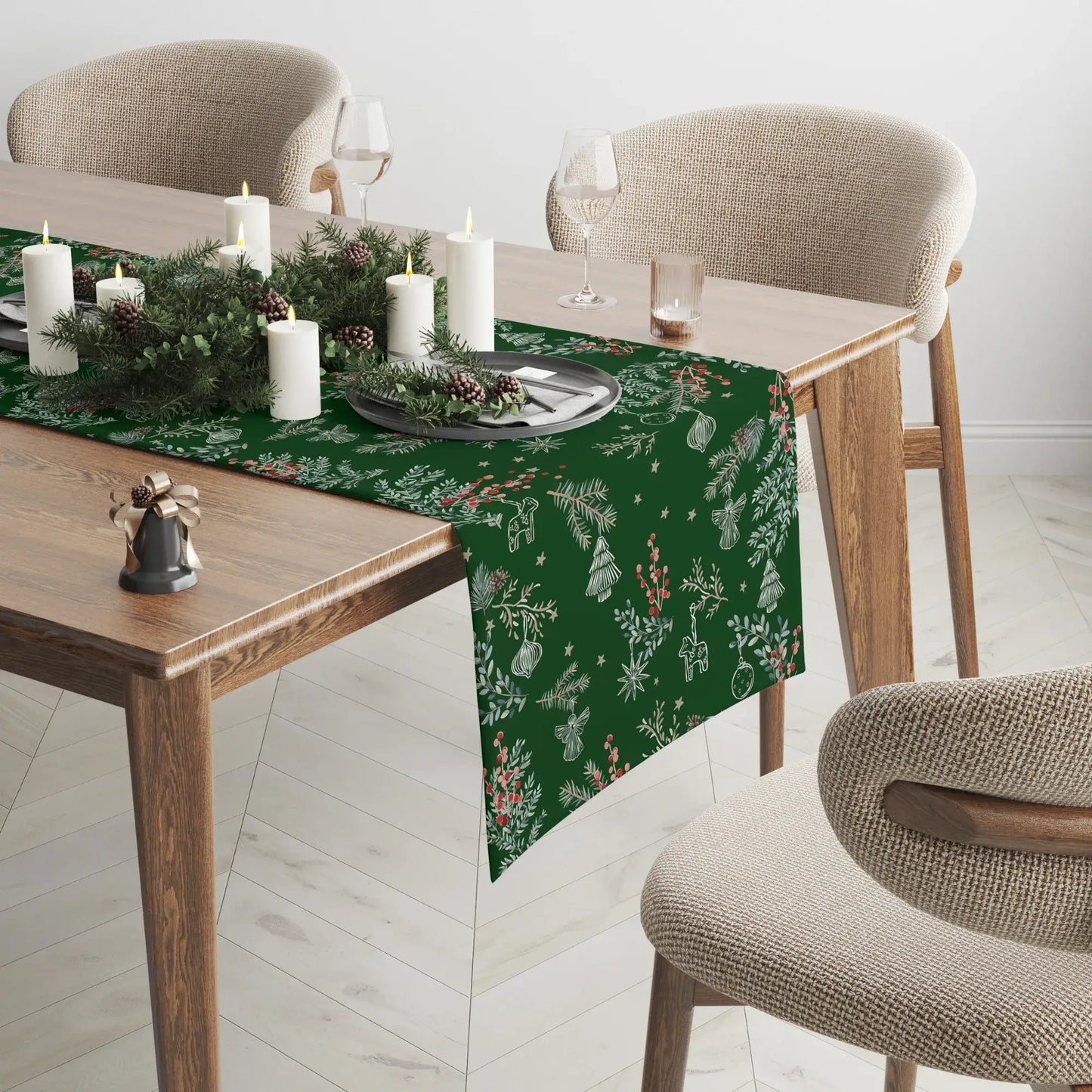 Botanical Christmas Table Runner set on a dining table with candles and greenery for festive holiday decor.