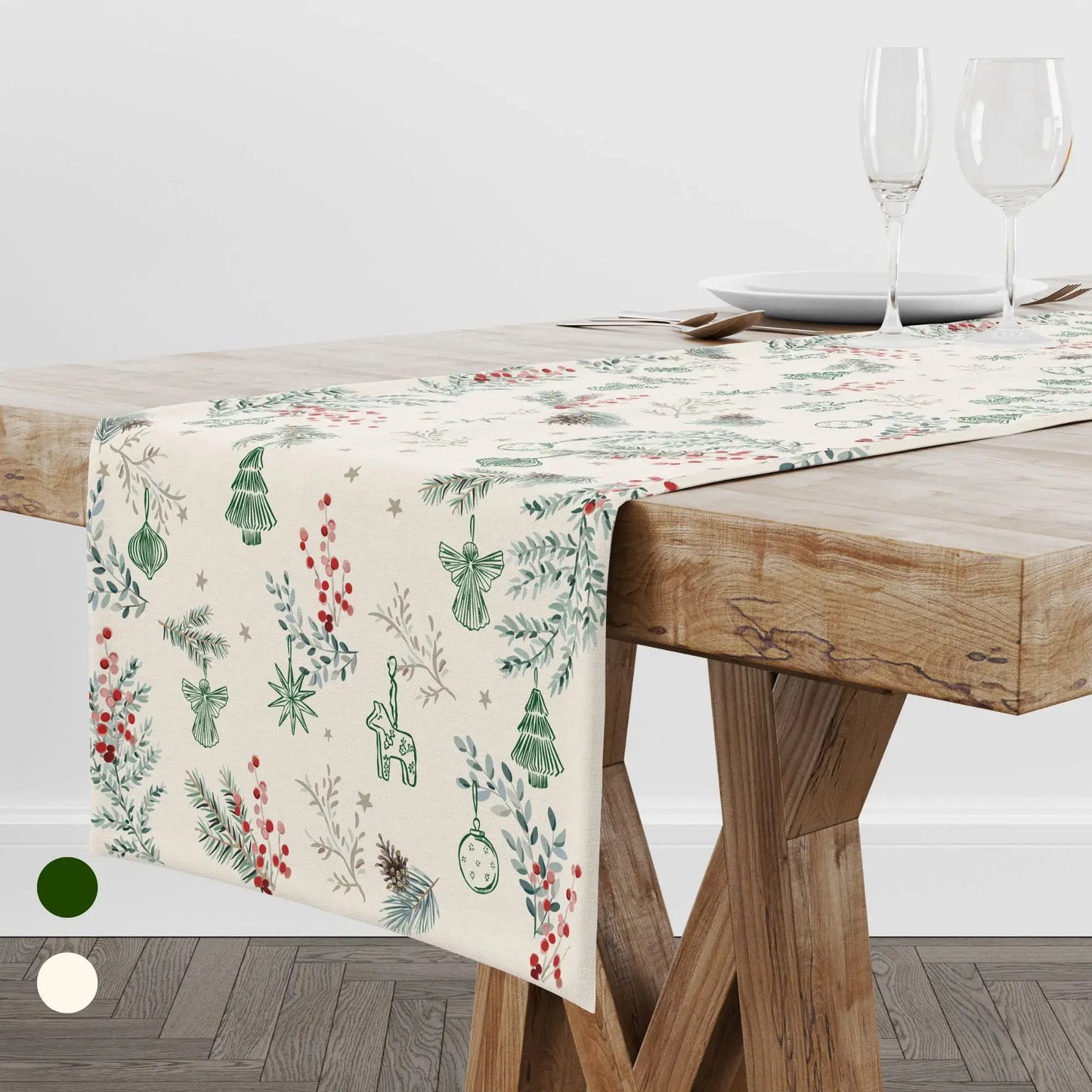 Botanical Christmas Table Runner with pine branches and red berries, perfect for festive holiday decor.