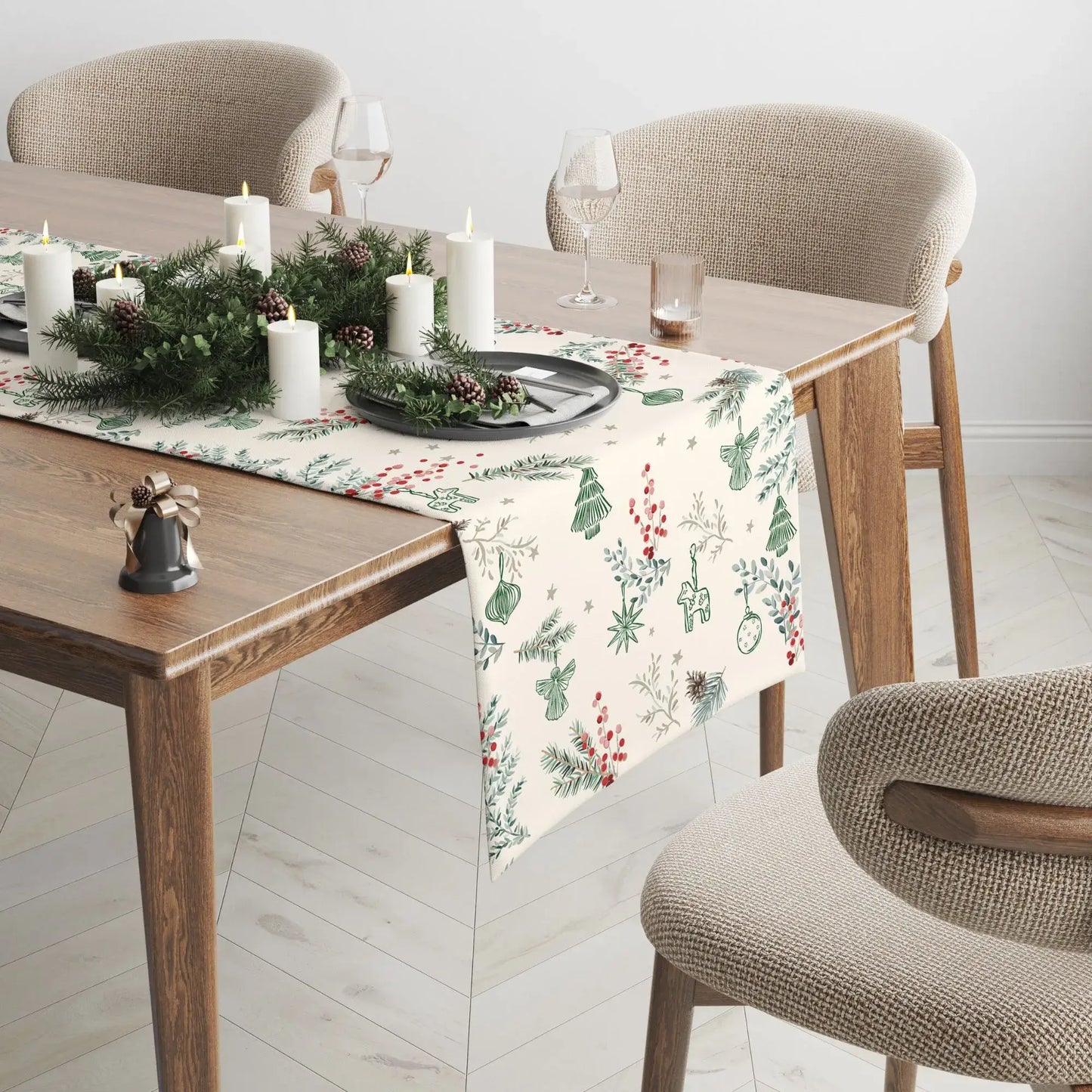 Botanical Christmas Table Runner on a wooden table with greenery and candles, perfect for festive holiday decor.