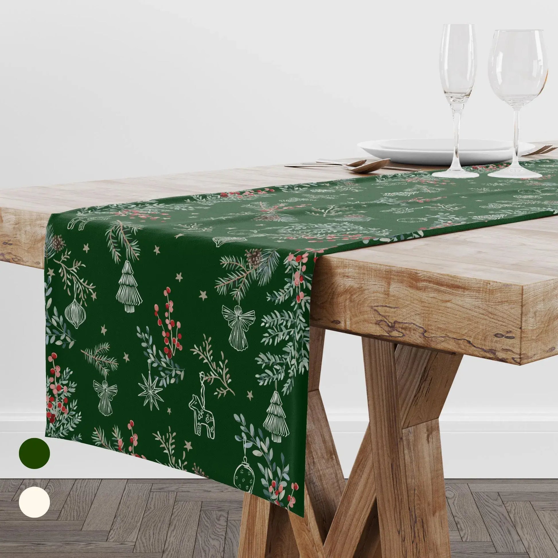 Botanical Christmas Table Runner on a wooden table, showcasing pine branches and red berries against a deep green background.