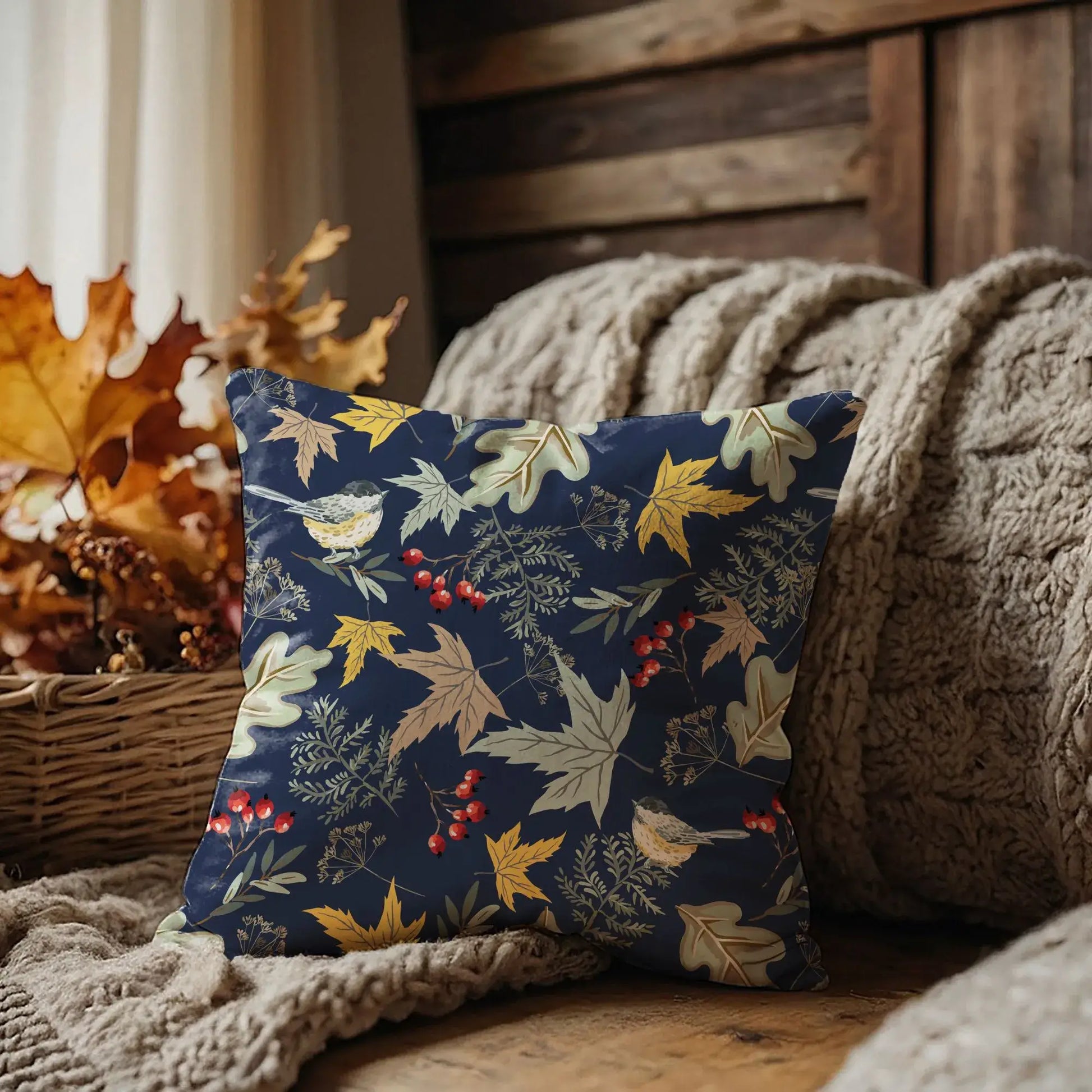 Botanical fall pillow with birds and autumn florals in deep blue, perfect for cozy interiors and seasonal decor.