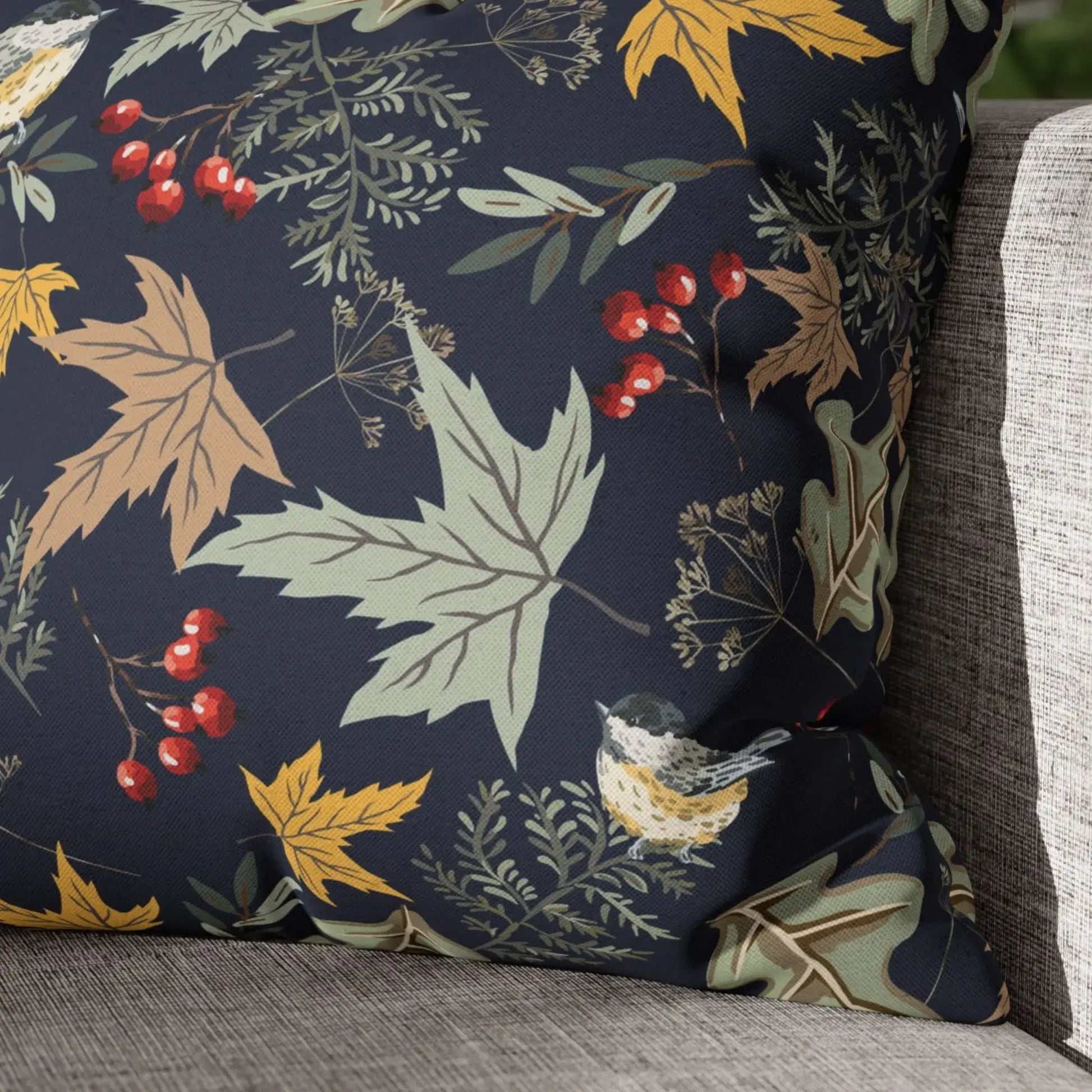 Botanical fall pillow featuring hand-painted birds and autumn florals in deep blue with leaves and berries design.
