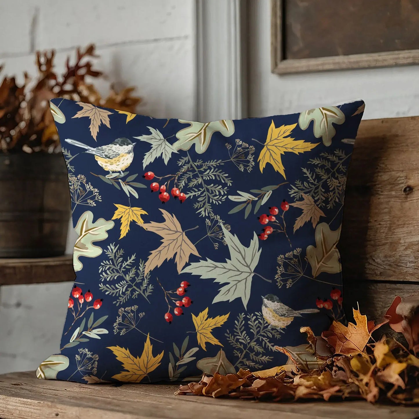 Botanical fall pillow featuring hand-painted birds, autumn florals, and leaves in deep blue, perfect for cozy fall decor.