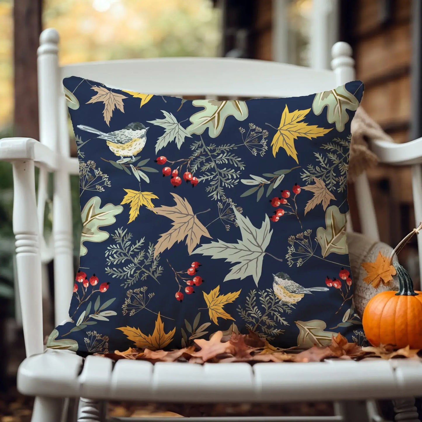 Botanical fall pillow featuring birds and autumn florals in deep blue, perfect for cozy fall interiors.