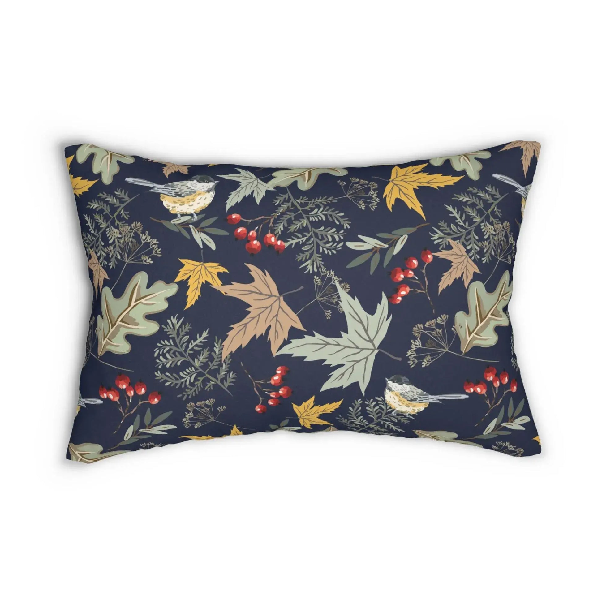 Botanical Fall Pillow featuring birds and autumn florals in deep blue, perfect for cozy interiors and seasonal decor.