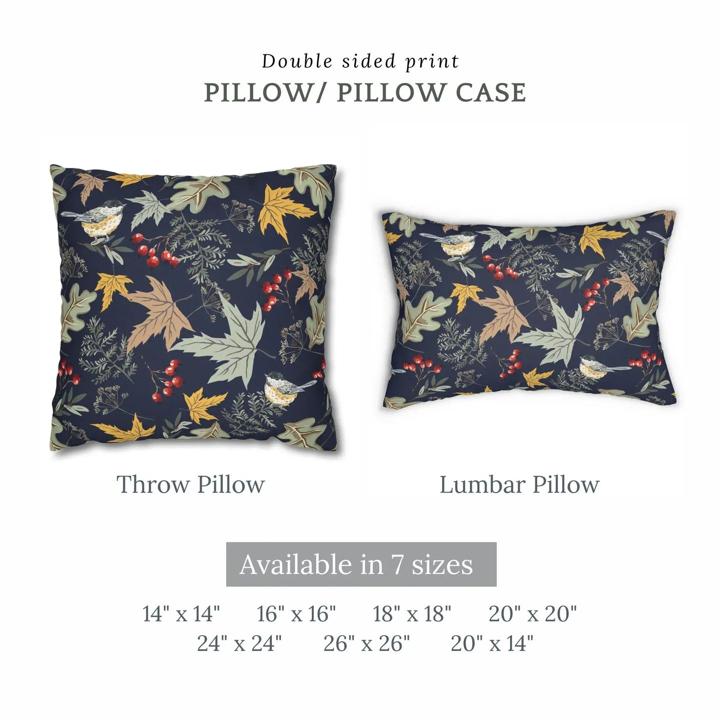 Botanical Fall Pillow showcasing birds and autumn florals in double-sided print, available in various sizes.